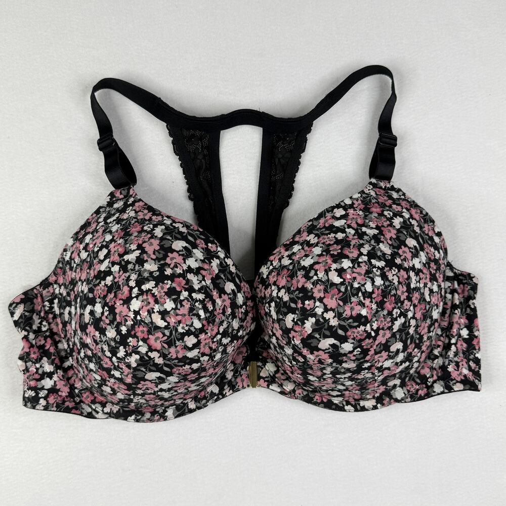 Cacique Bra Womens 44DD Black Floral Front Closure Underwire Racerback Plus